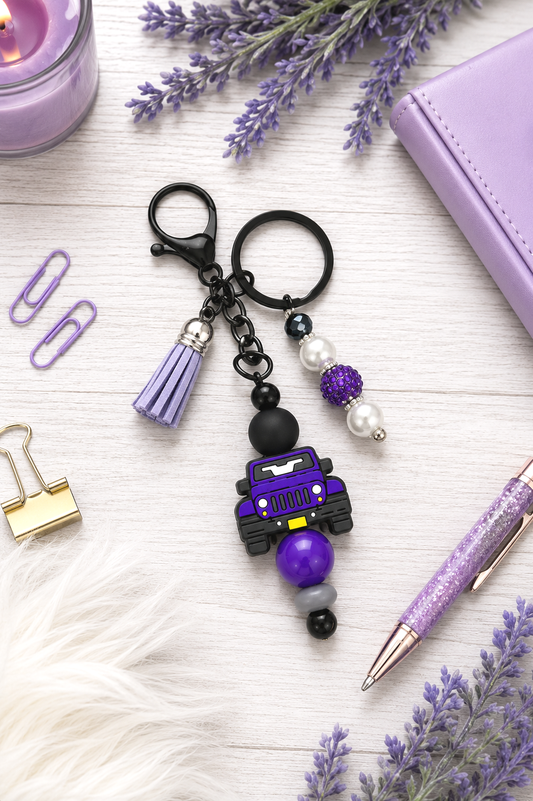 Handmade Purple Jeep Beaded Keychain With Clip and Keyring