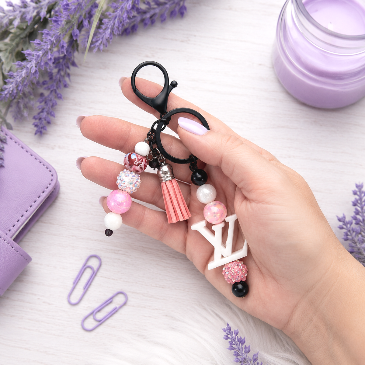 Handmade Beaded Keychain With Clip and Keyring Louis Vuitton White