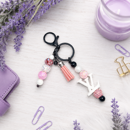 Handmade Beaded Keychain With Clip and Keyring Louis Vuitton White