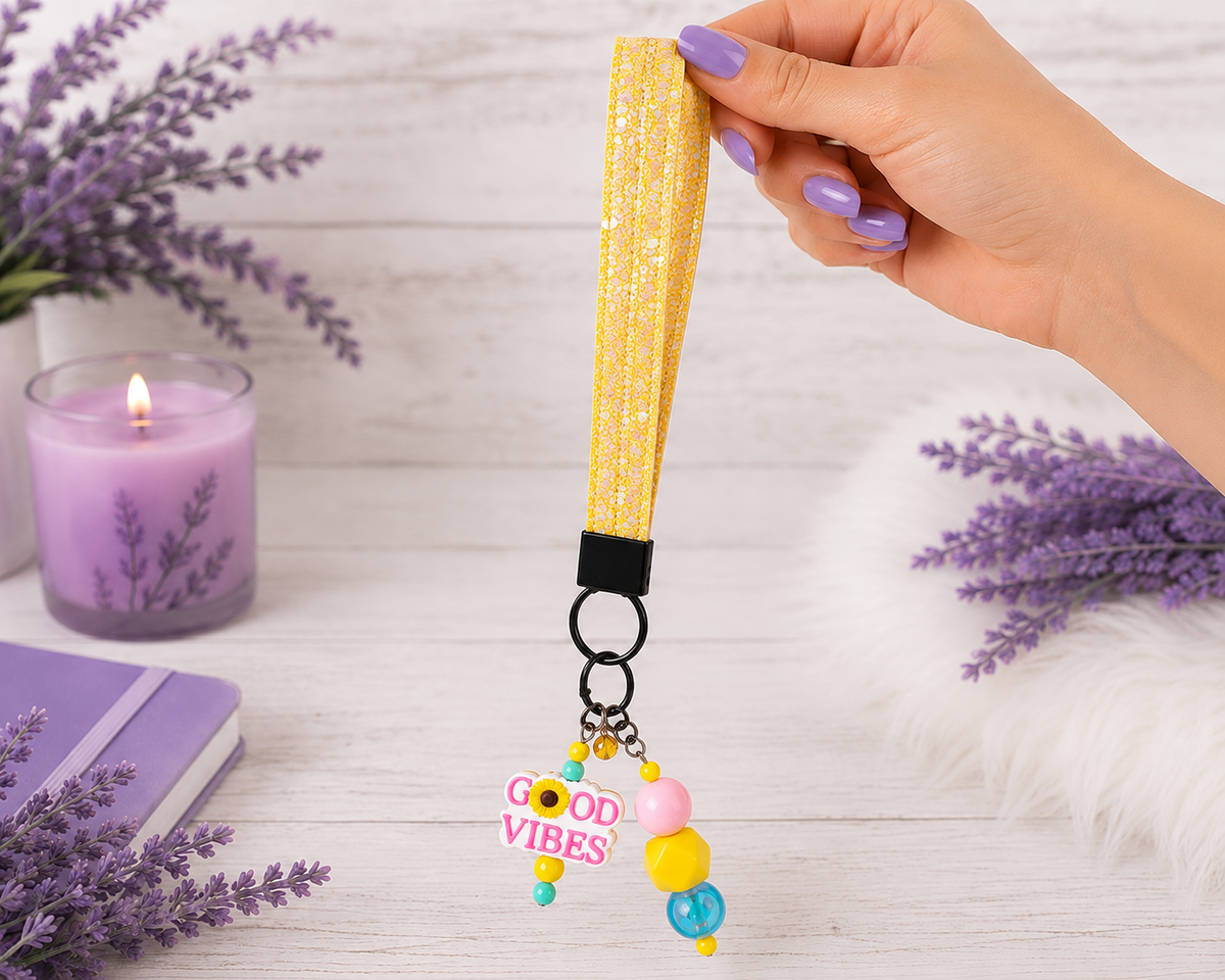 Handmade Good Vibes Faux Leather Key Fob Wristlet