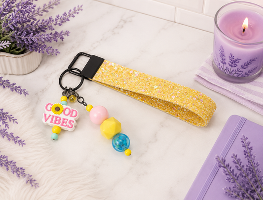 Handmade Good Vibes Faux Leather Key Fob Wristlet