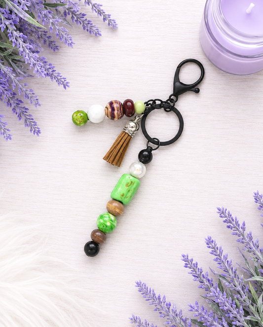 Handmade Beaded Keychain With Clip and Keyring Green