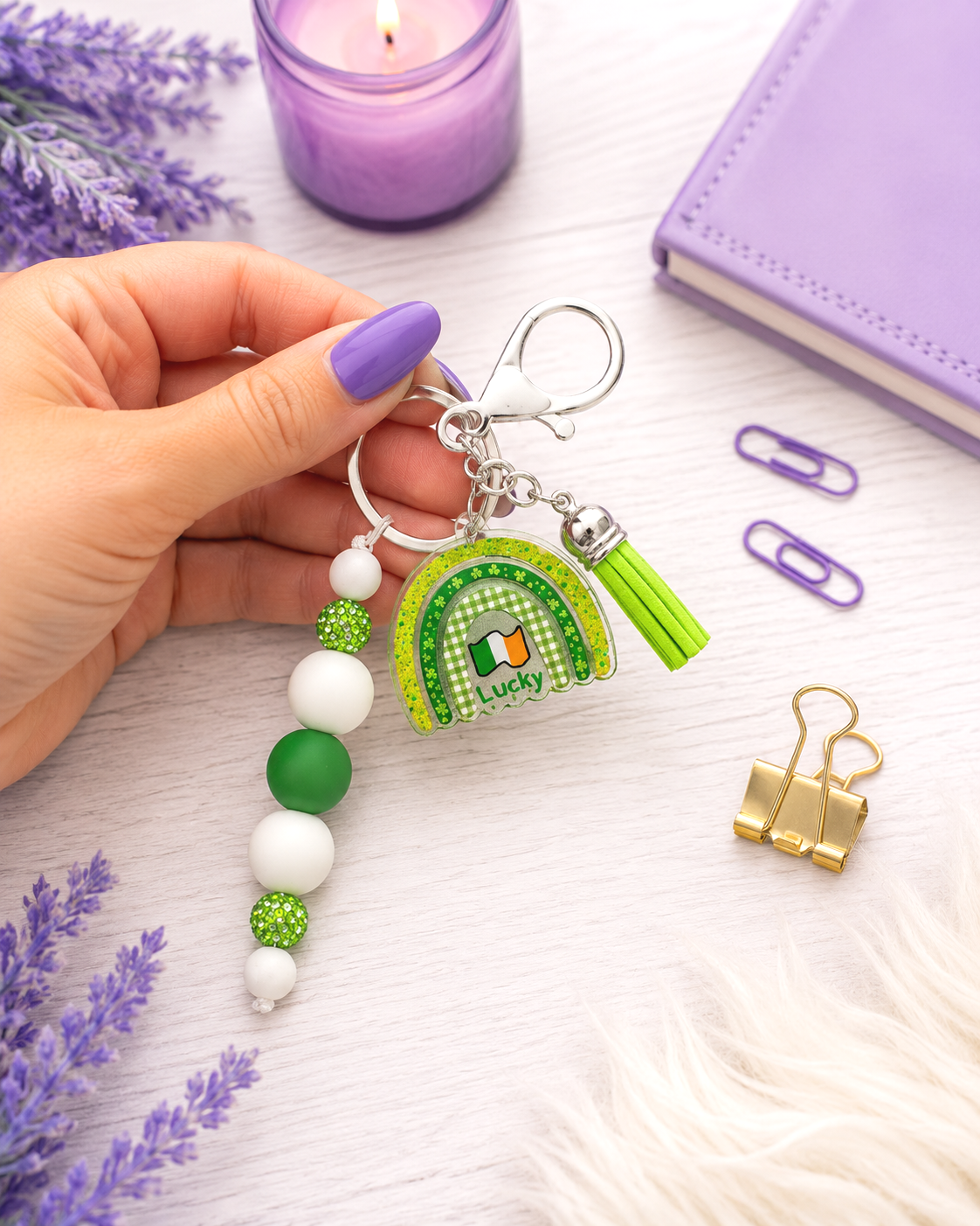 Handmade Beaded St Patricks Irish Keychain With Clip and Keyring