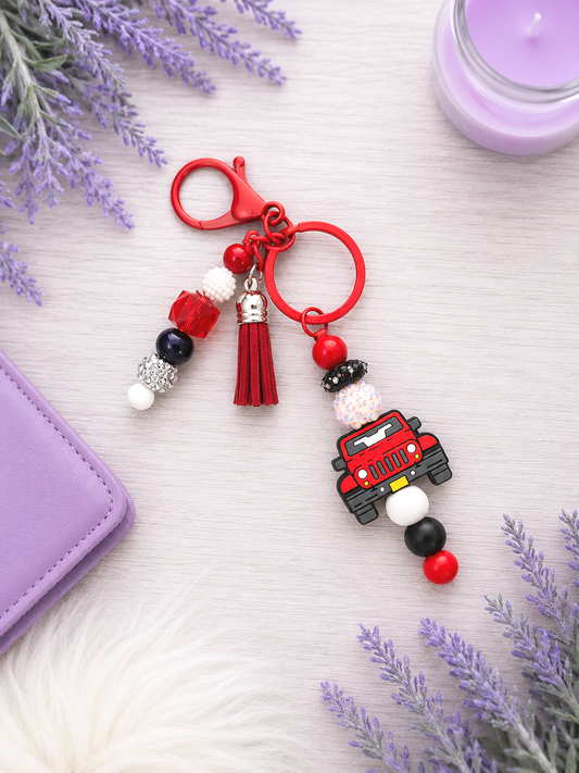 Handmade Red Truck Beaded Keychain With Clip and Keyring