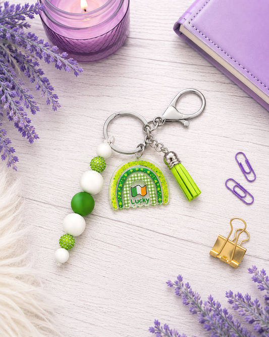 Handmade Beaded St Patricks Irish Keychain With Clip and Keyring