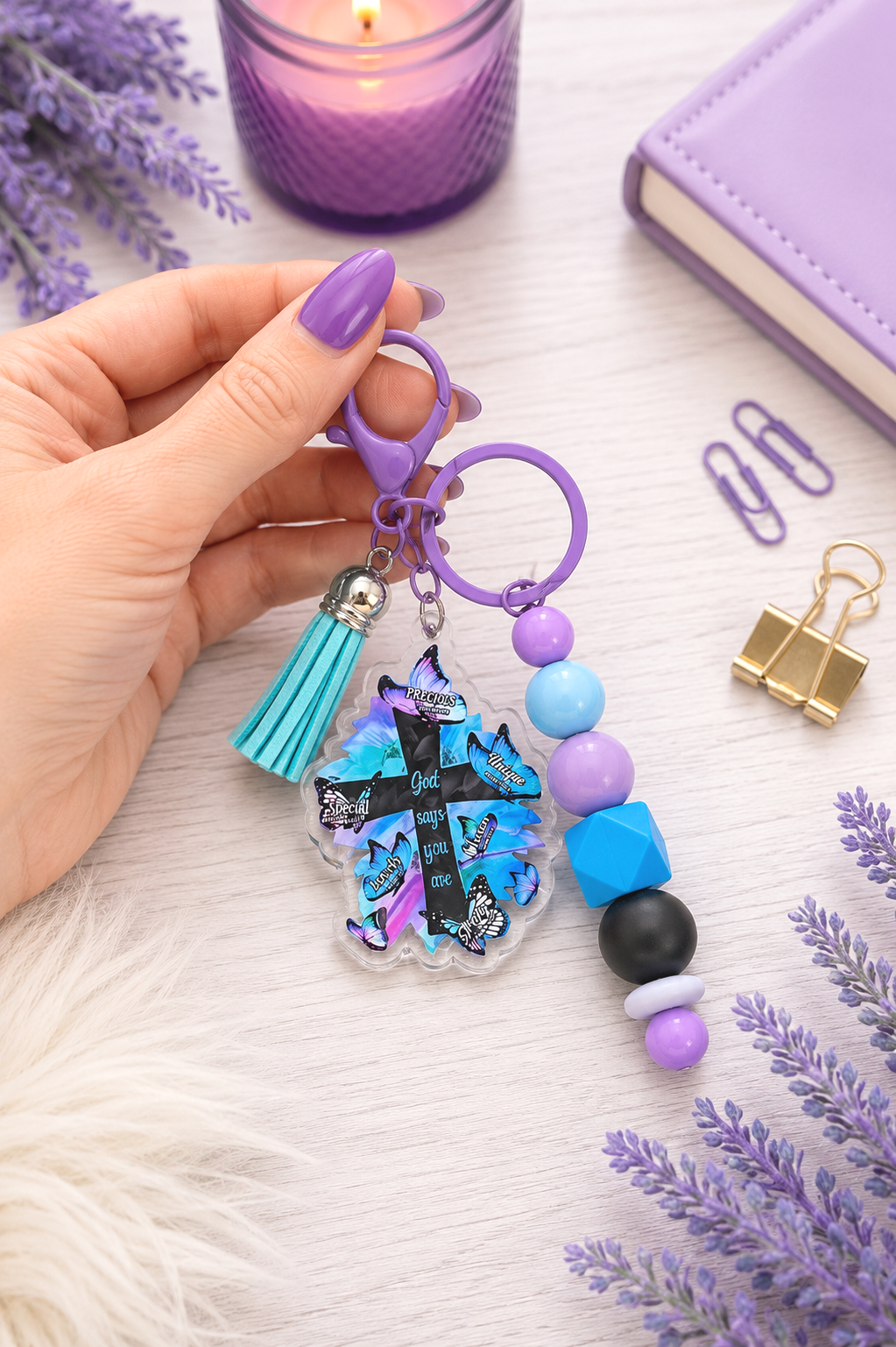 Handmade Beaded Aqua and Purple Christian Faith  Easter Keychain With Clip and Keyring