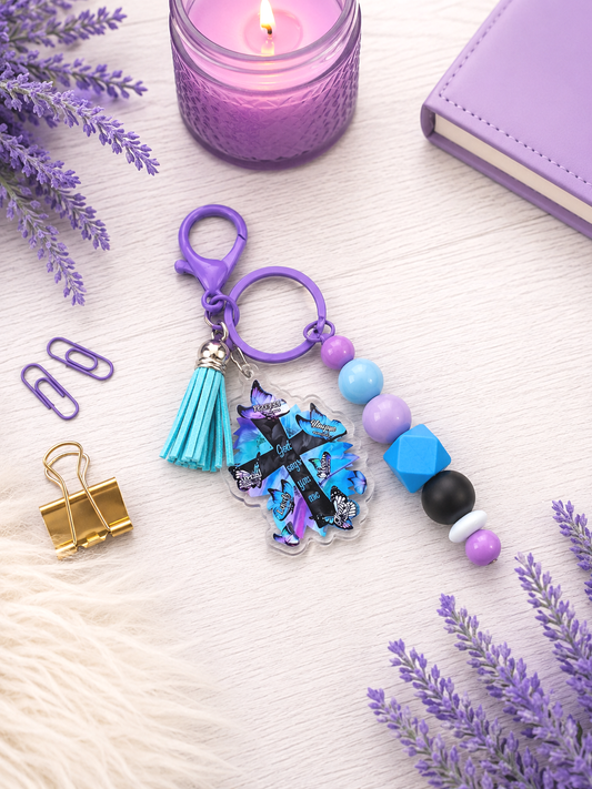 Handmade Beaded Aqua and Purple Christian Faith  Easter Keychain With Clip and Keyring