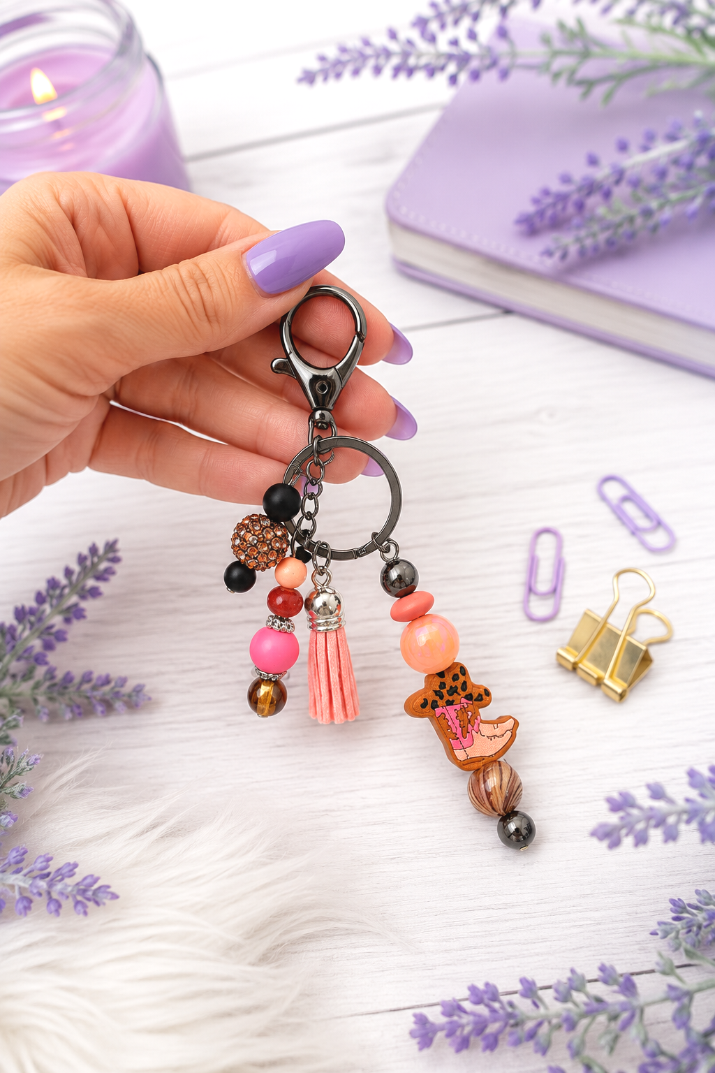 Handmade Western Boot Beaded Keychain With Clip and Keyring