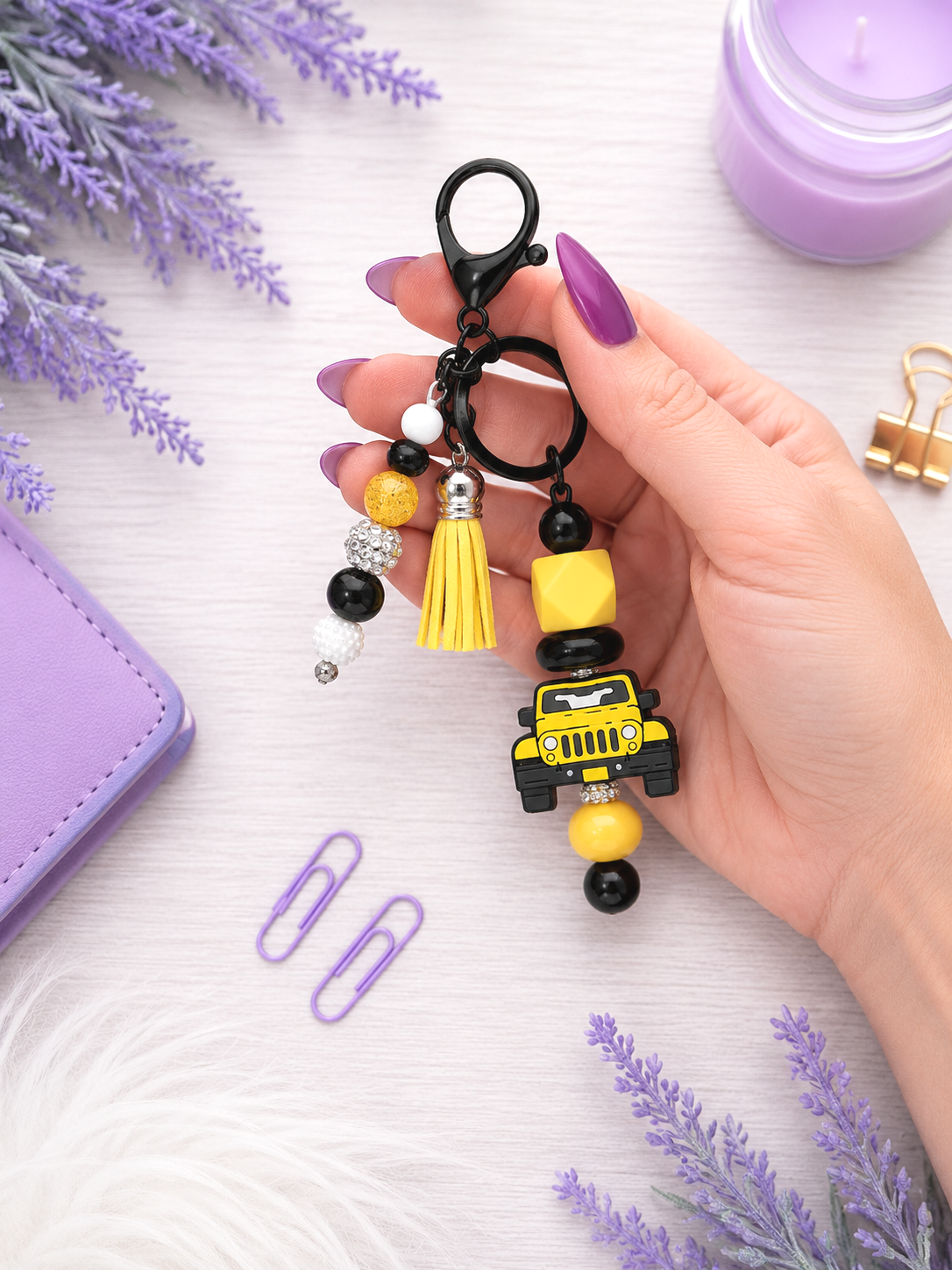 Handmade Yellow Jeep Beaded Keychain With Clip and Keyring