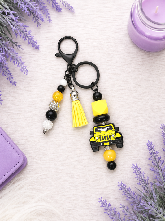 Handmade Yellow Jeep Beaded Keychain With Clip and Keyring