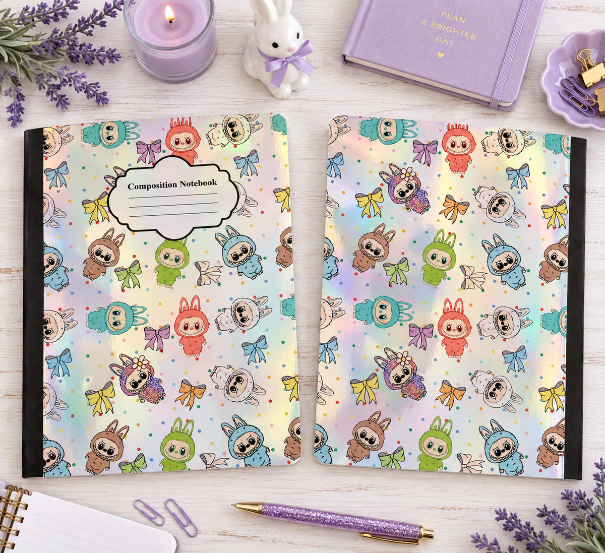 Decorative Vinyl Covered Composition Notebook Holographic Labubu