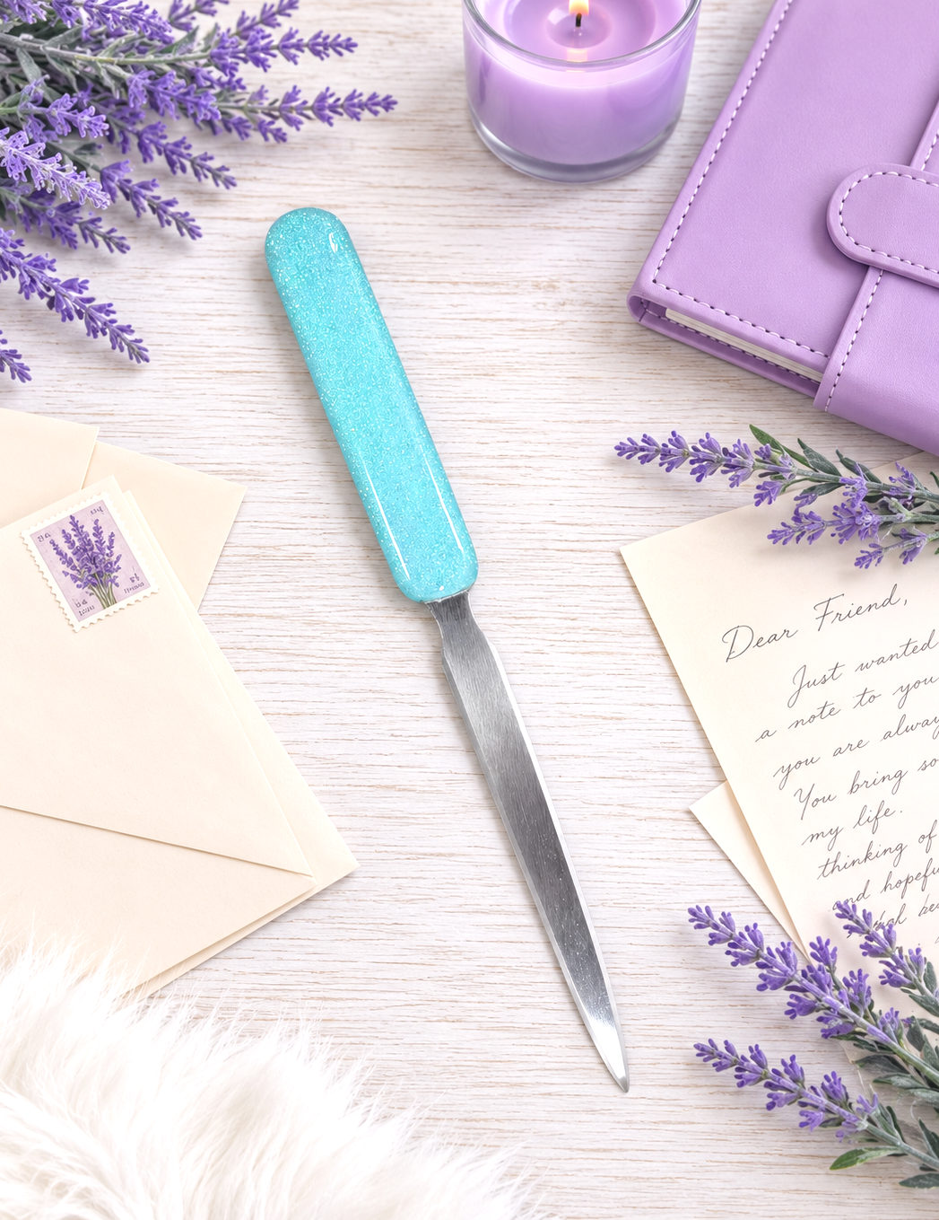 Handmade Light Aqua Glittered Letter Opener
