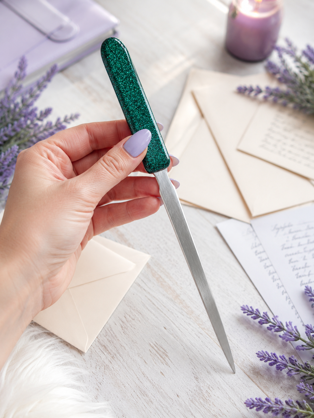 Handmade Dark Green Glittered Letter Opener