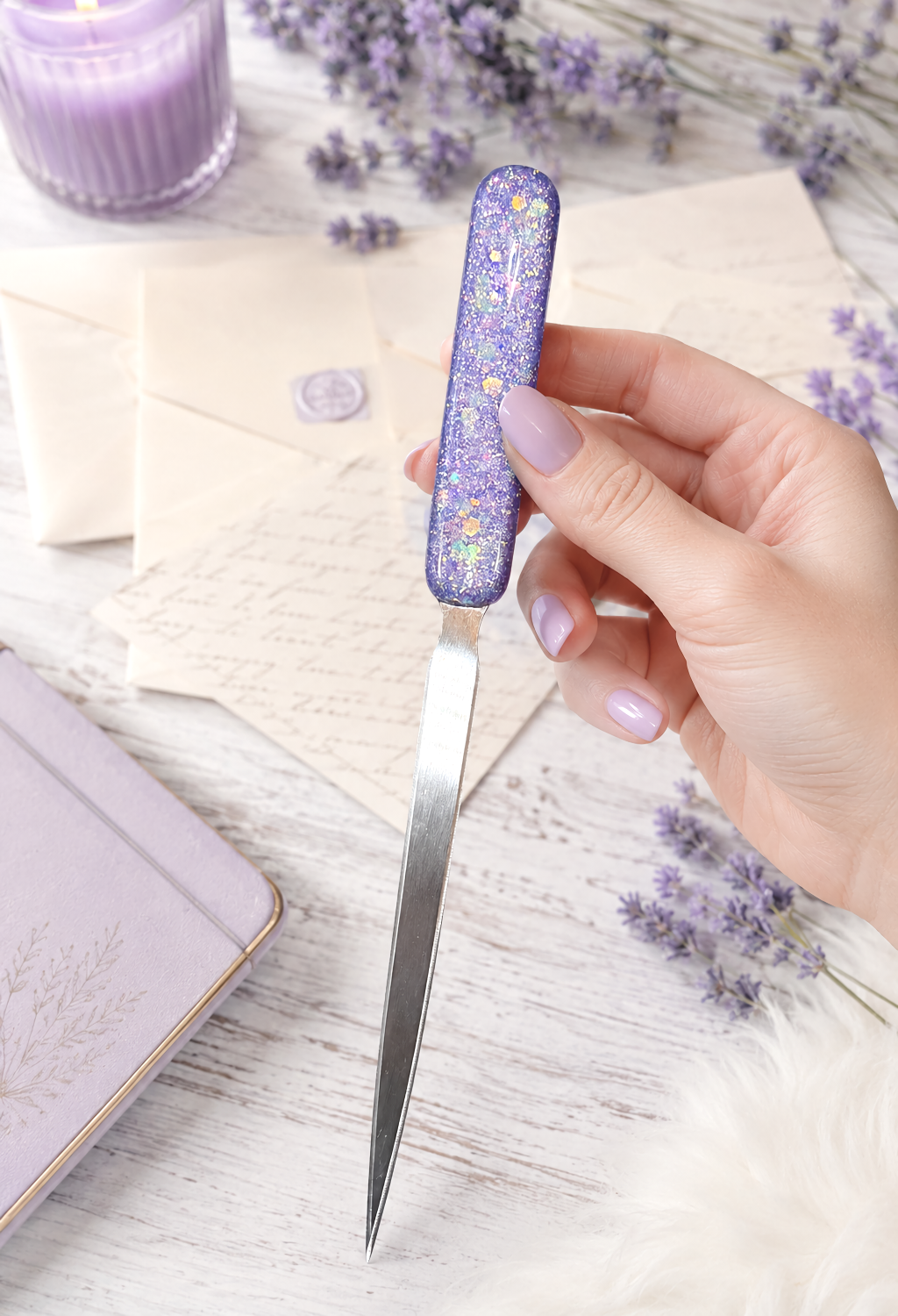 Handmade Lavender Opal Glittered Letter Opener