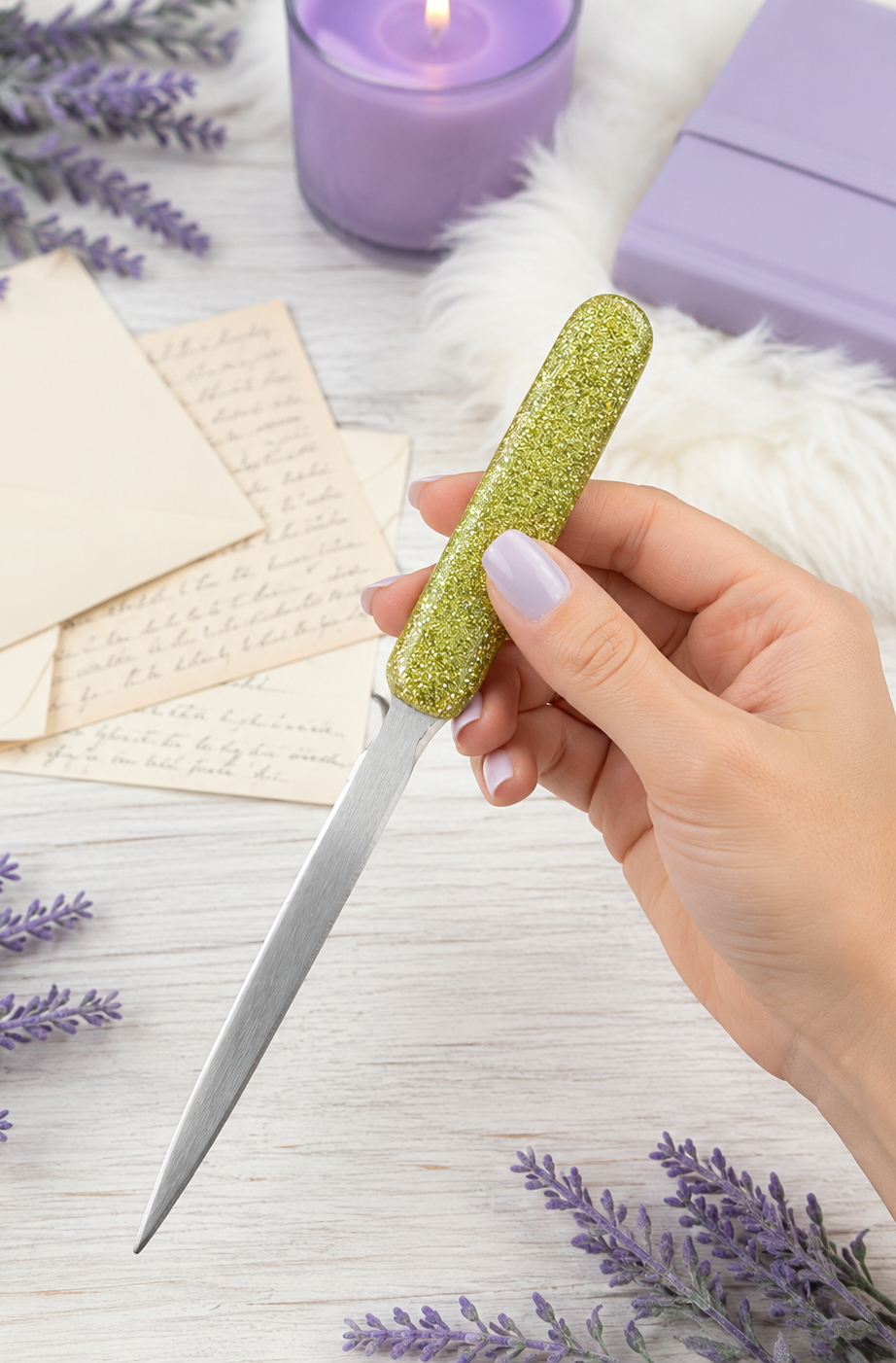 Handmade Olive Green Glittered Letter Opener