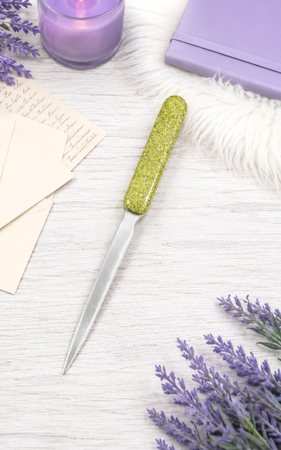 Handmade Olive Green Glittered Letter Opener