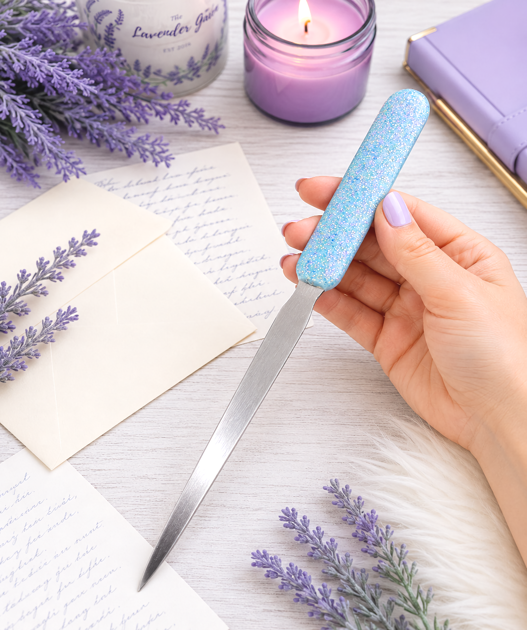Handmade Light Blue Pink Mix Glittered Letter Opener