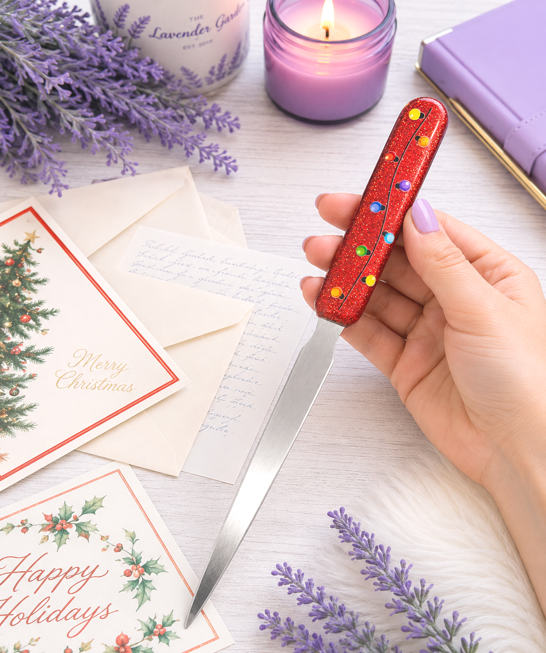Handmade Christmas Lights on Red Glitter Letter Opener