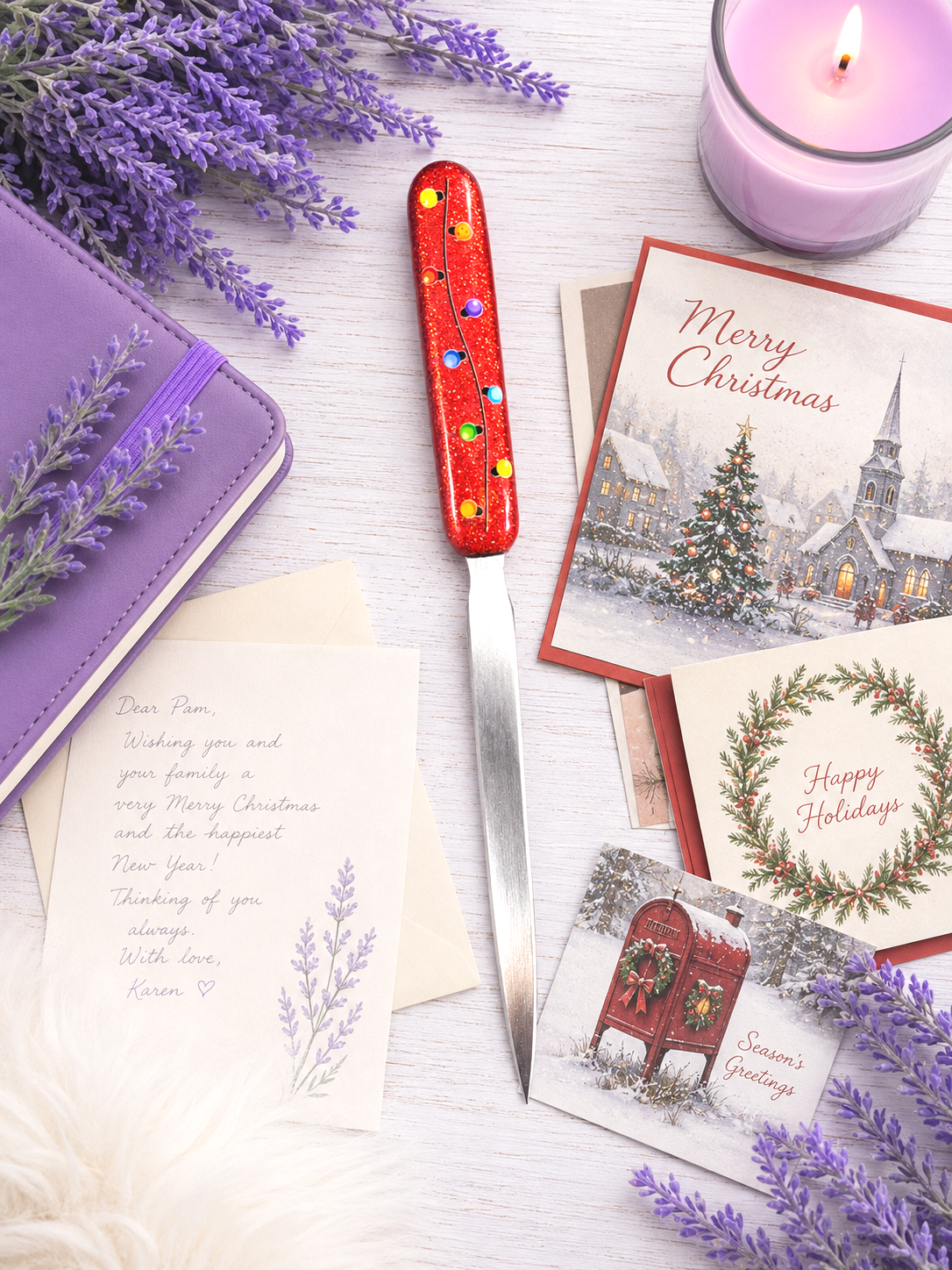Handmade Christmas Lights on Red Glitter Letter Opener