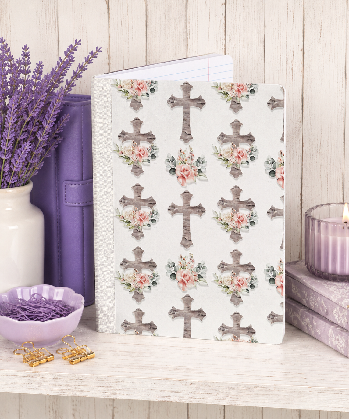 Decorative Vinyl Covered Composition Notebook Crosses Light Wood