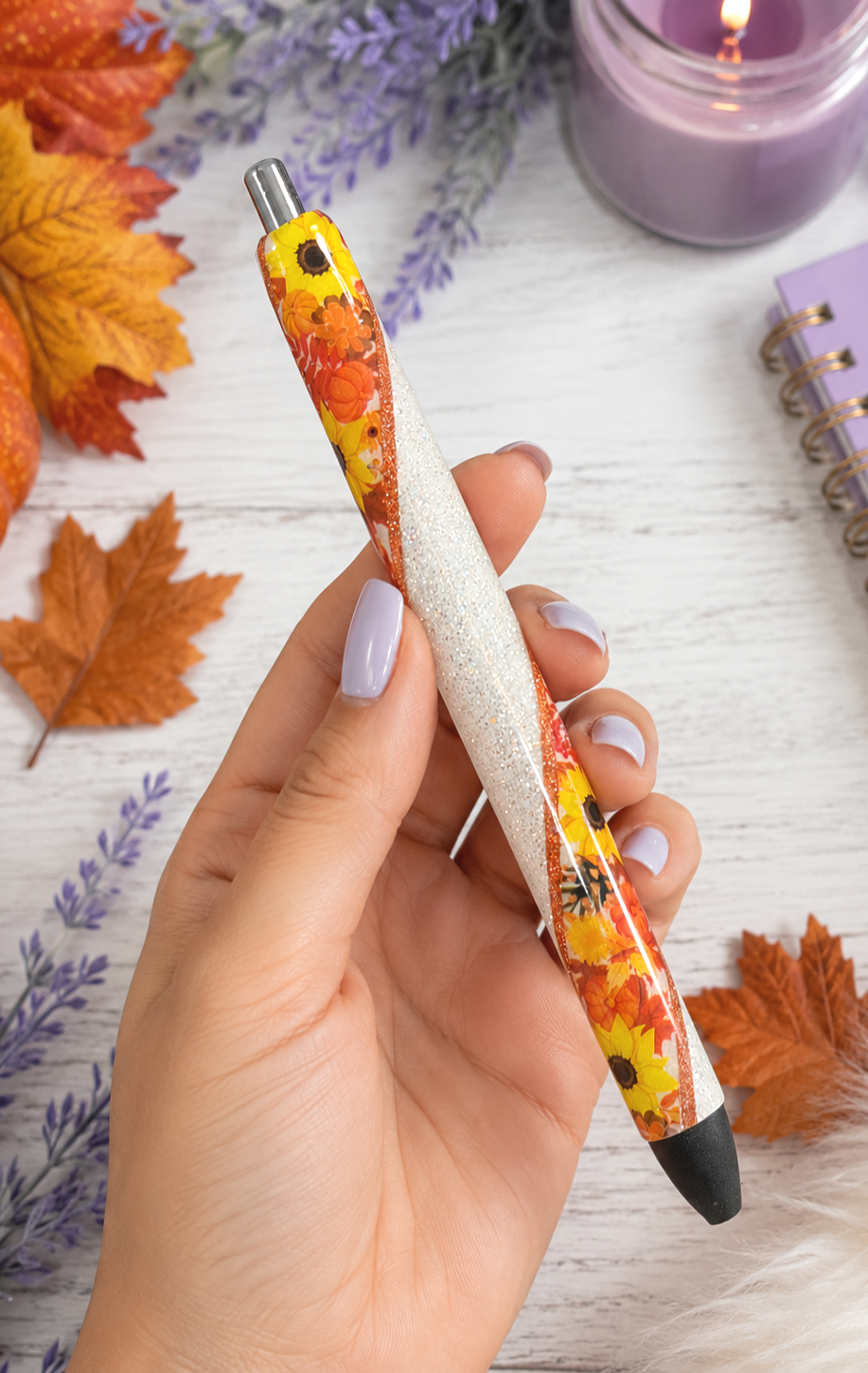 Handmade Fall flowers glitter pen  with free refill