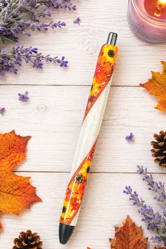 Handmade Fall flowers glitter pen  with free refill