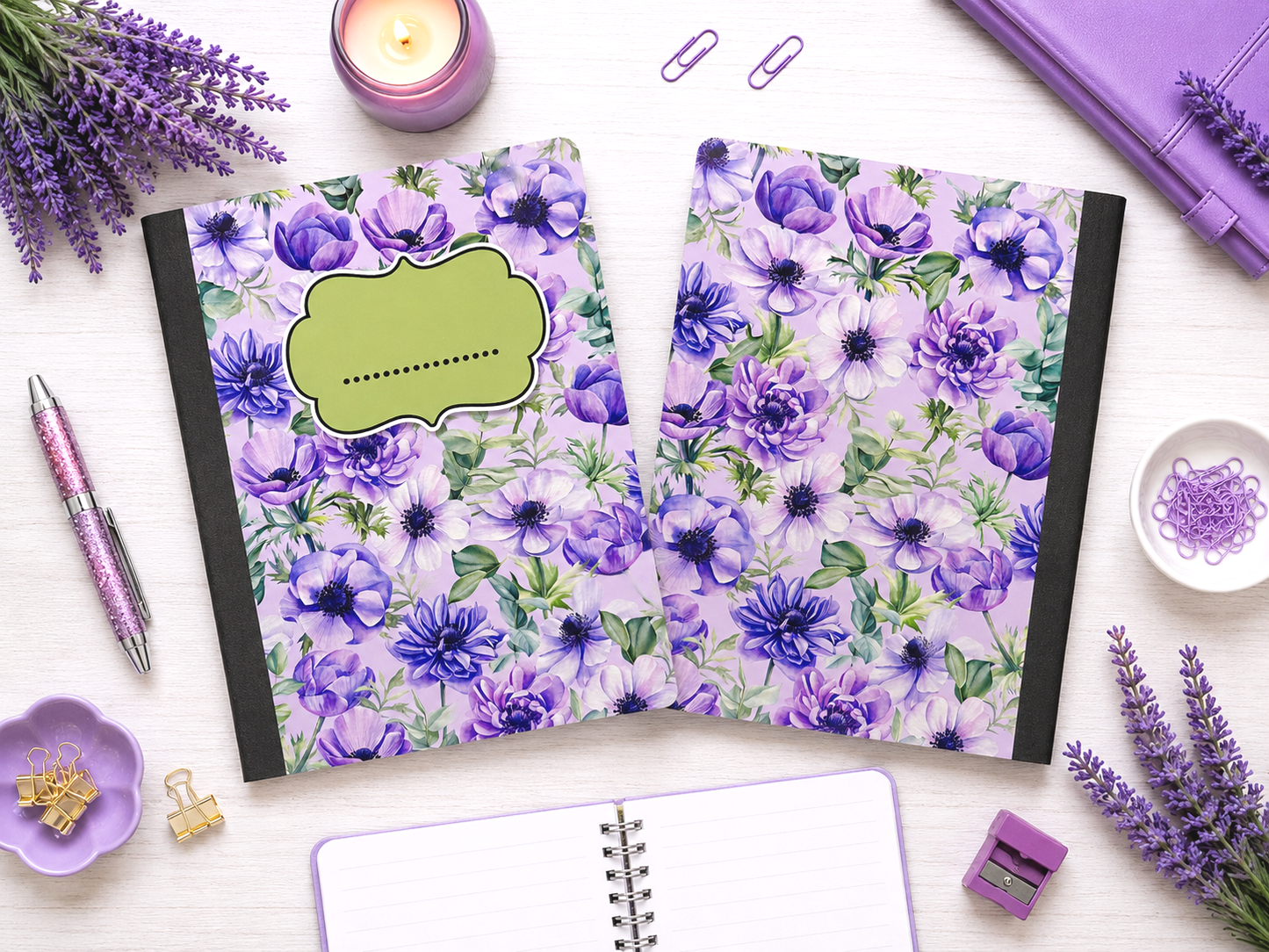 Decorative Vinyl Covered Composition Notebook Lavender Flowers