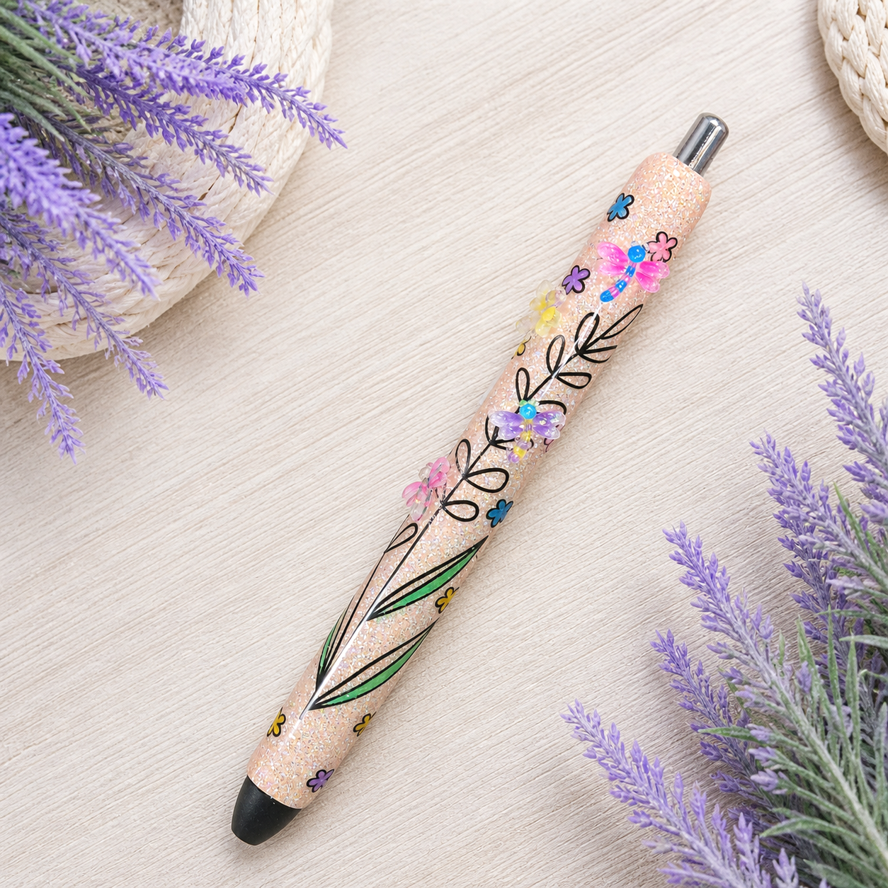Handmade Miniature Dragonflies on Peach glitter pen with free refill