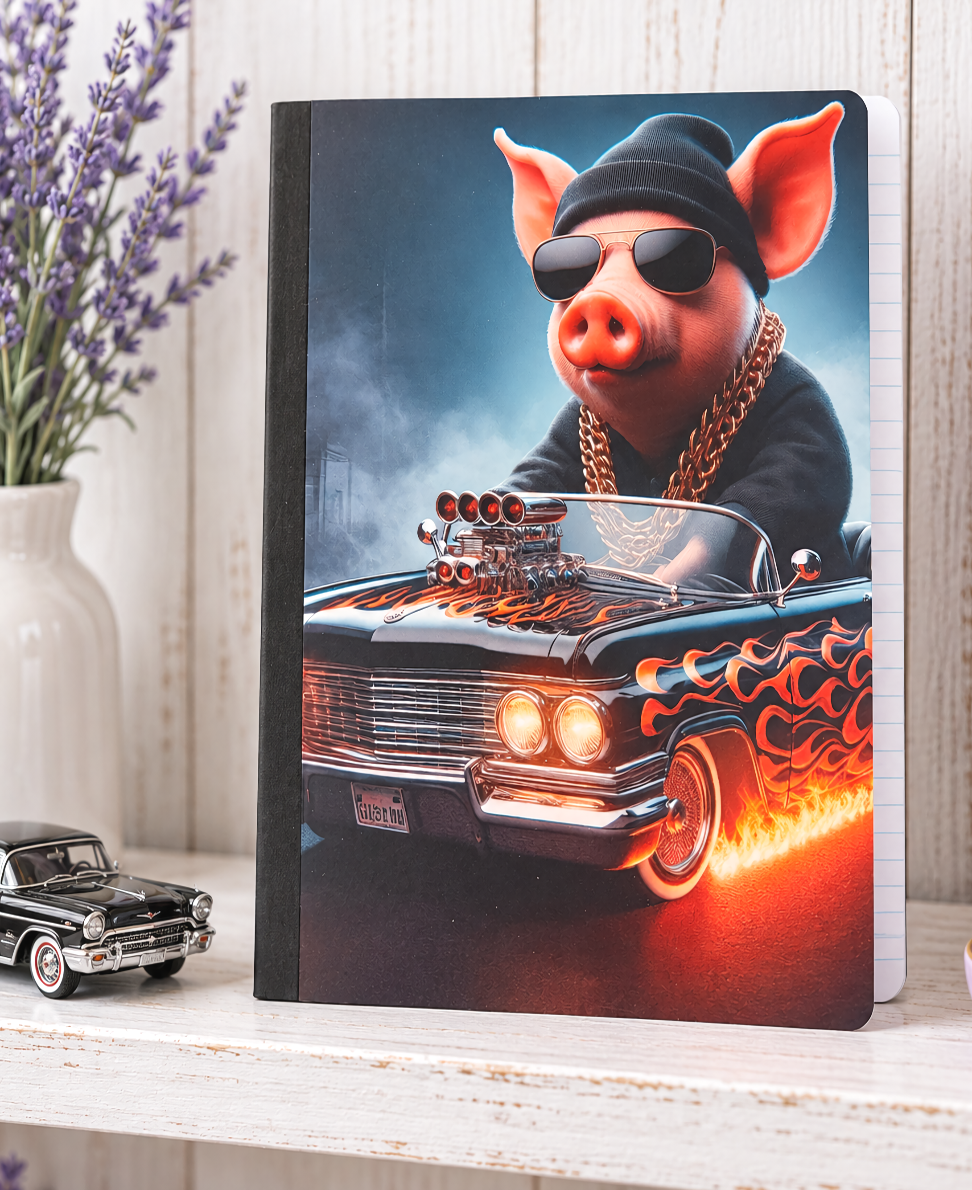 Decorative Vinyl Covered Composition Notebook Driving Pig