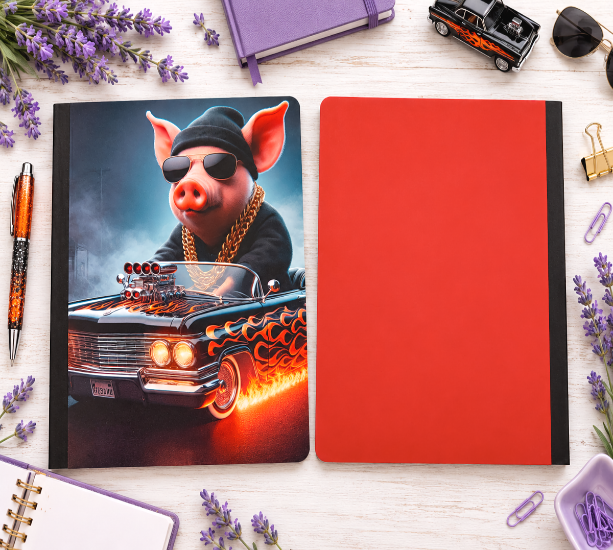 Decorative Vinyl Covered Composition Notebook Driving Pig