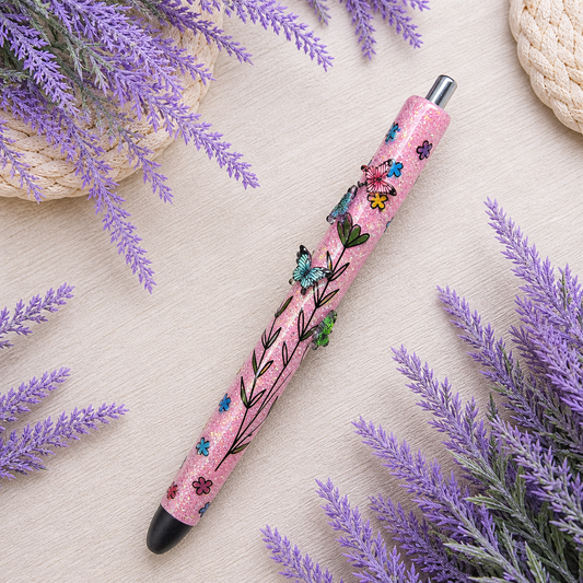 Handmade Mini Butterflies on Pink glitter pen with free refill