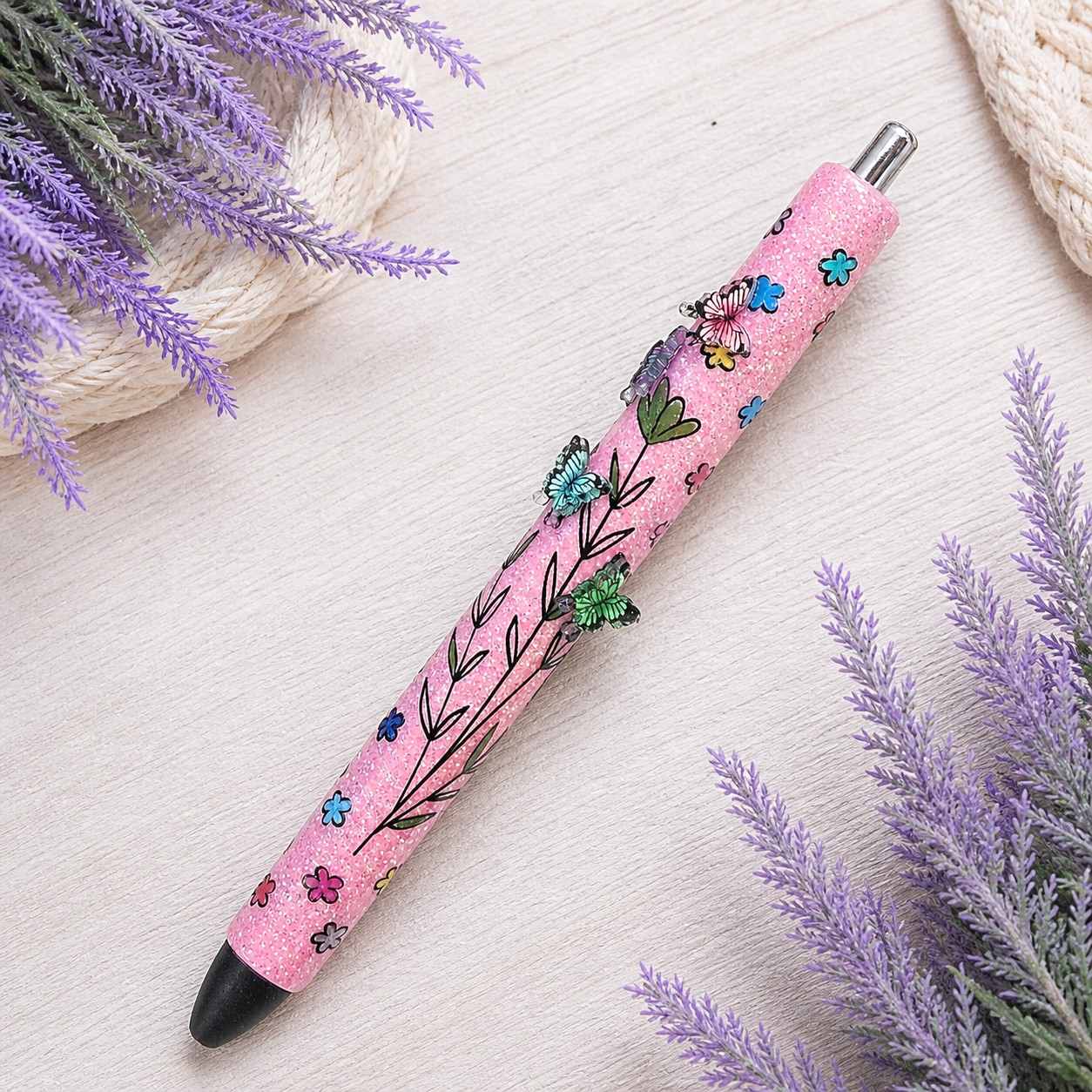 Handmade Mini Butterflies on Pink glitter pen with free refill