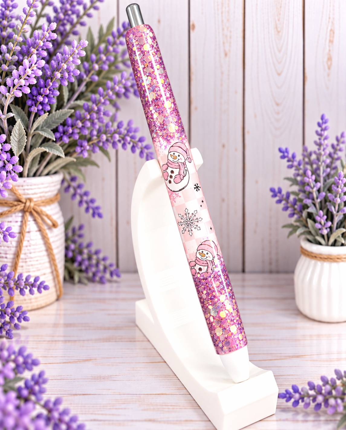 Handmade Pink Snowman Ombre glitter pen with free refill