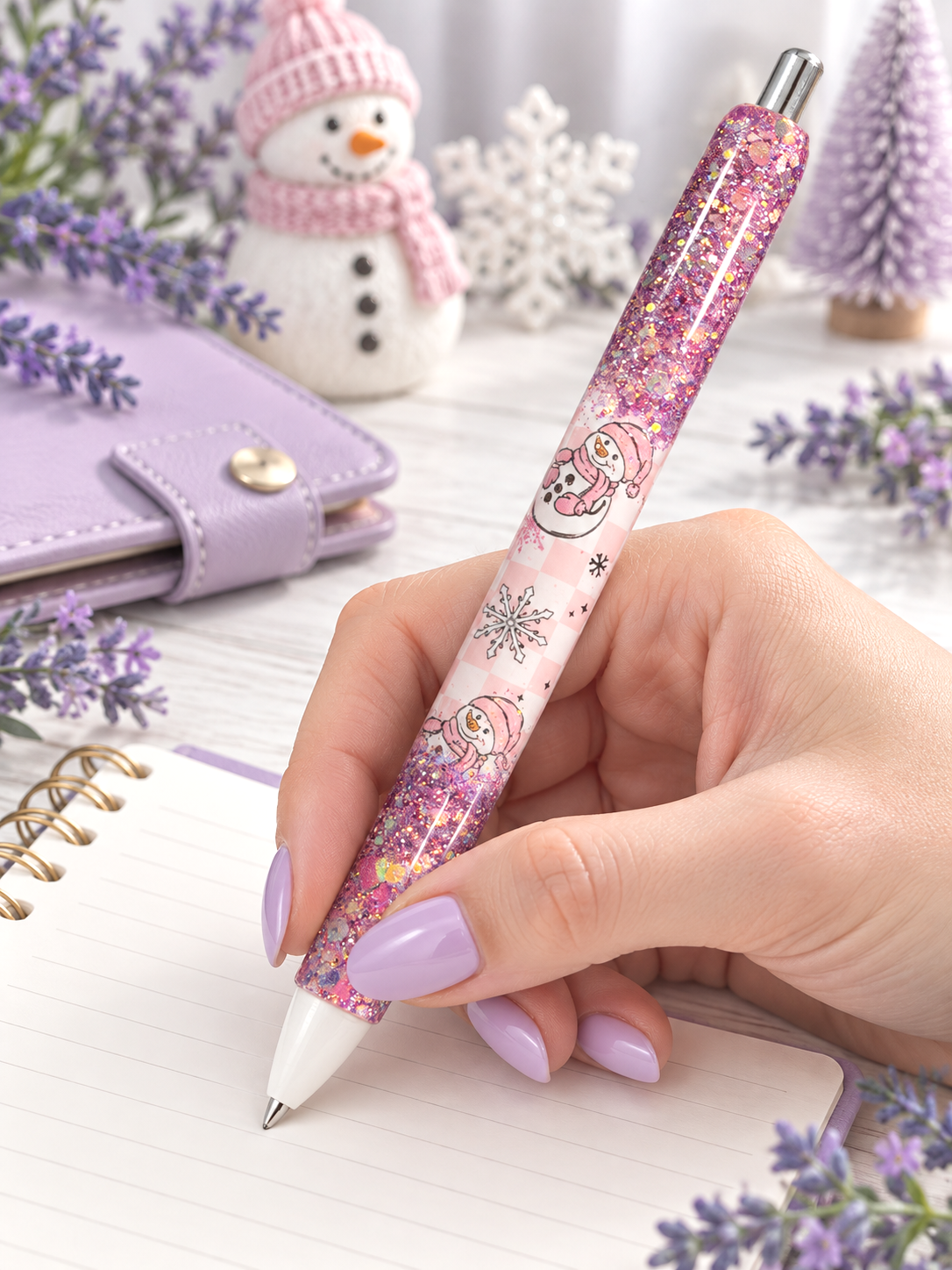 Handmade Pink Snowman Ombre glitter pen with free refill