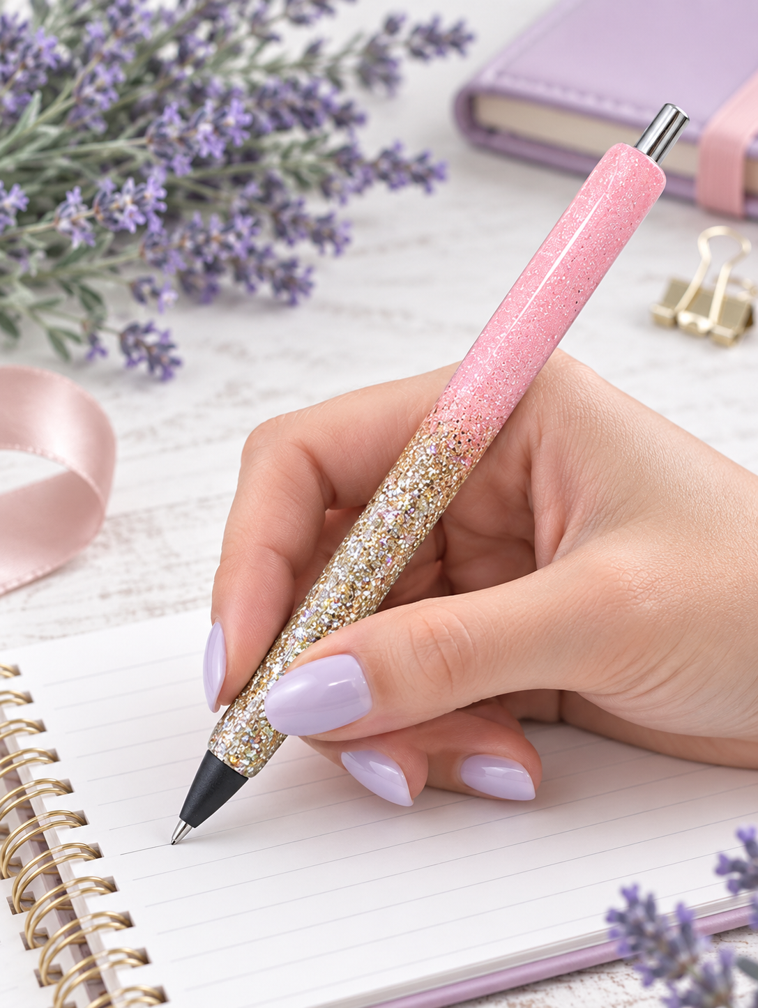 Handmade Pink and Gold Ombre glitter pen with free refill