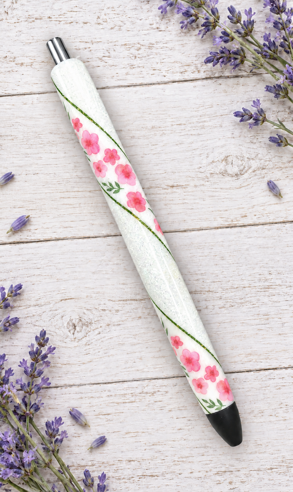 Handmade Pretty Pink Flowers glitter pen with free refill