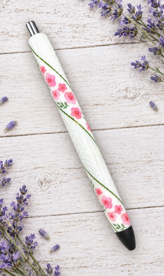 Handmade Pretty Pink Flowers glitter pen with free refill