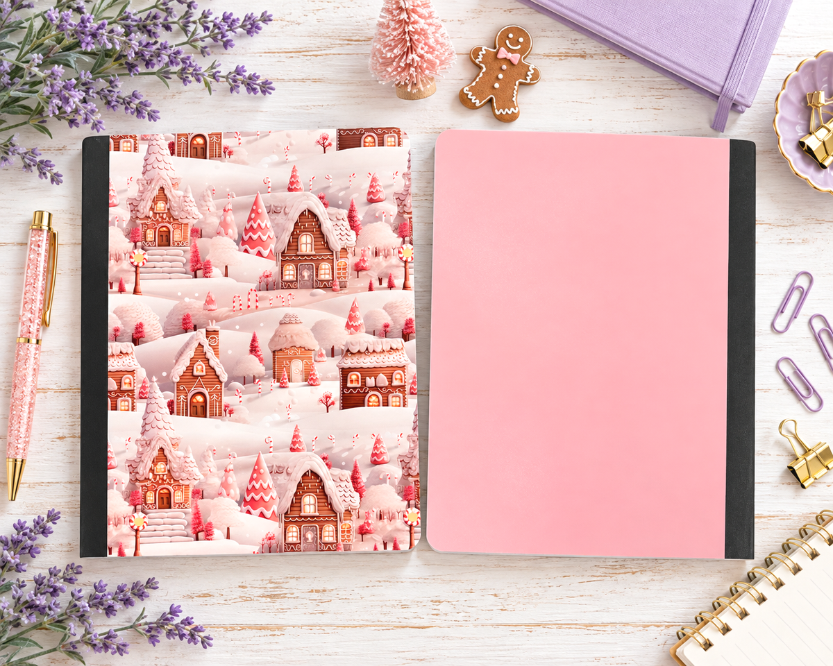 Decorative Vinyl Covered Composition Notebook Pink Gingerbread Village