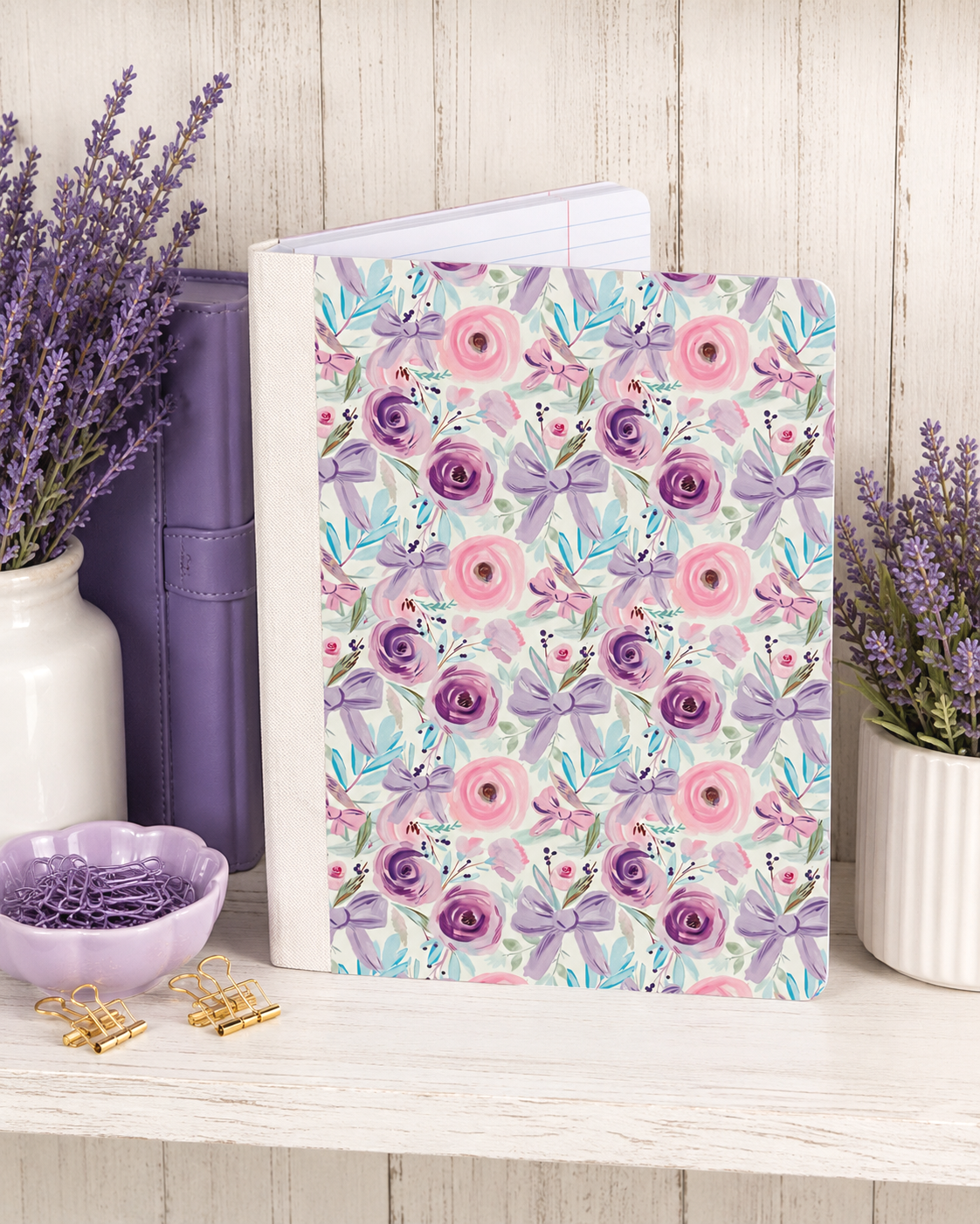 Decorative Vinyl Covered Composition Notebook Lavender Flowers and Bows