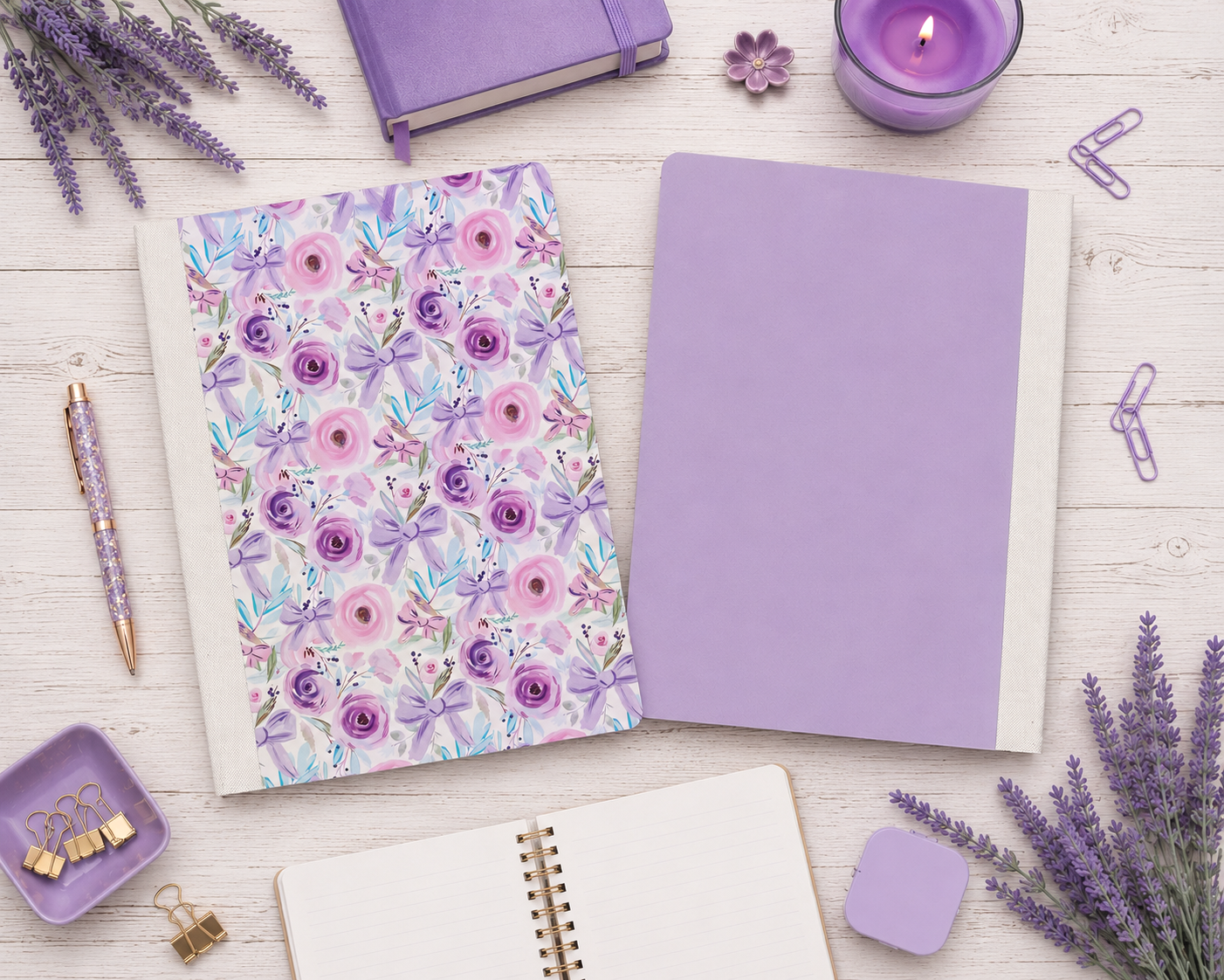 Decorative Vinyl Covered Composition Notebook Lavender Flowers and Bows