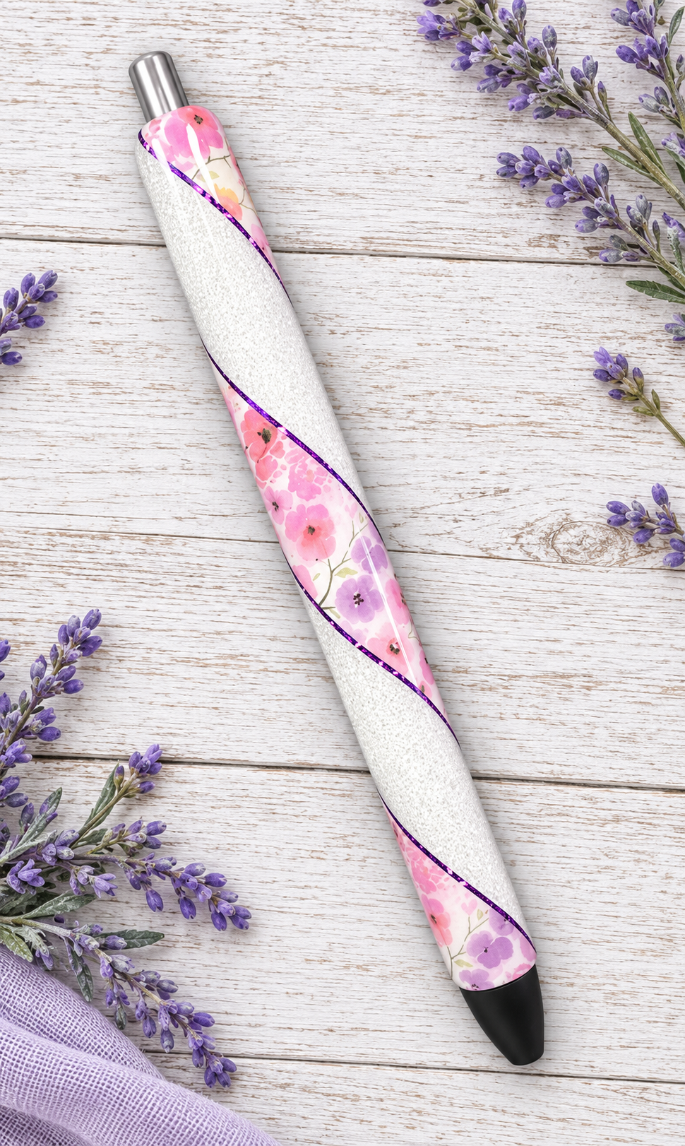 Handmade Pink and Lavender Flowers  glitter pen with free refill