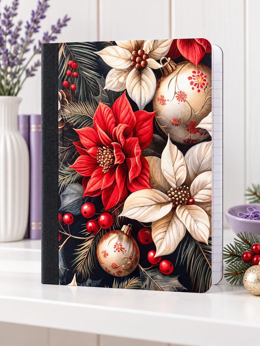 Decorative Vinyl Covered Composition Notebook Poinsettas