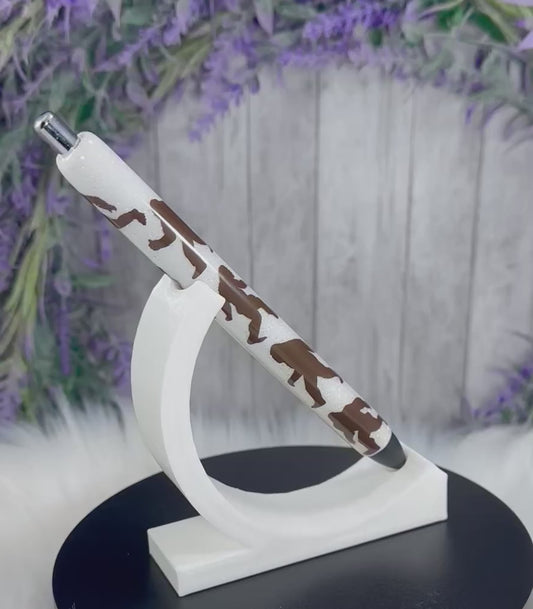 Handmade Brown Bigfoot Sasquatch on white glitter pen with free refill