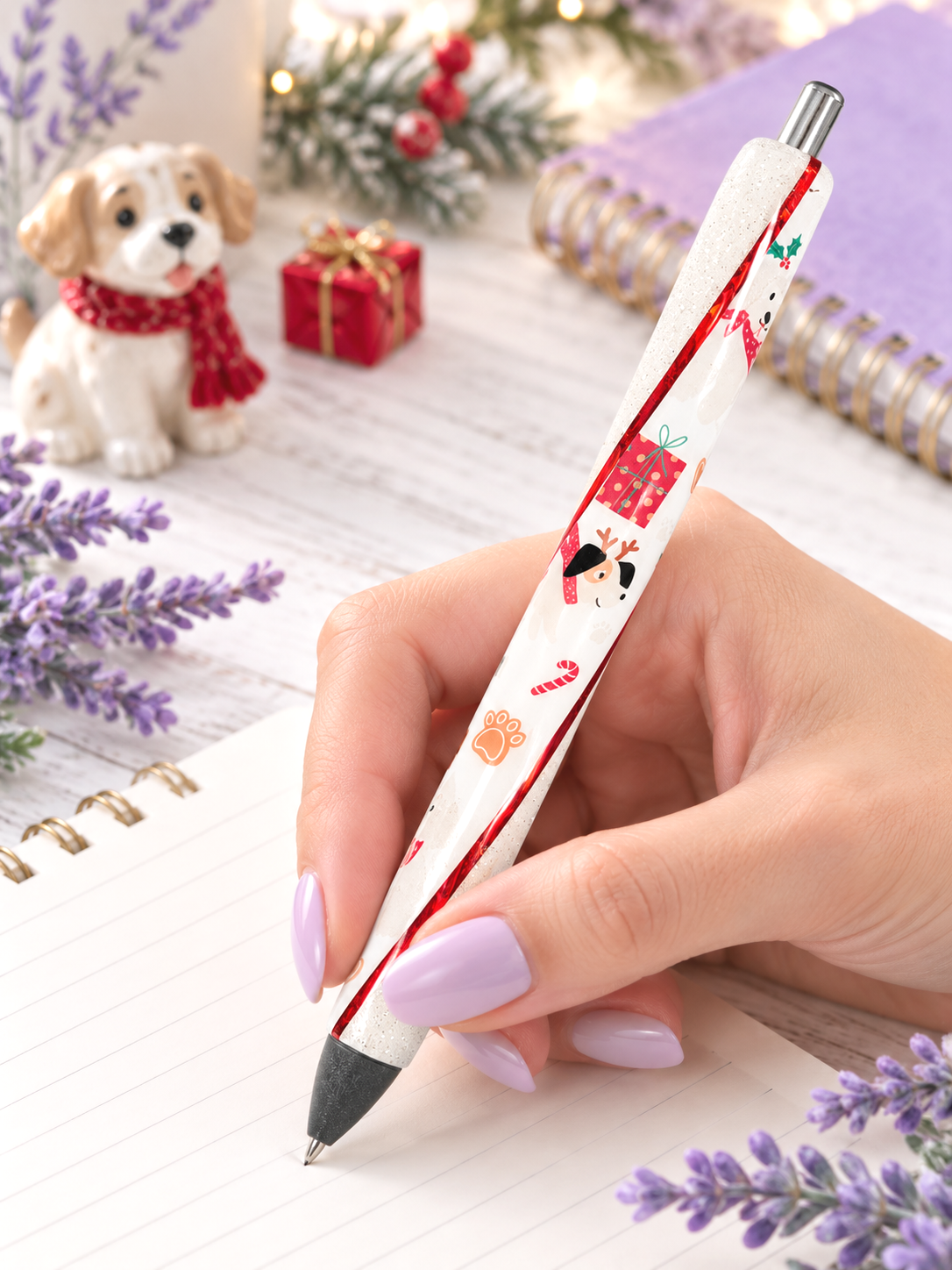 Handmade Christmas Dogs glitter pen with free refill