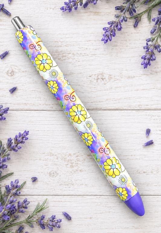 Handmade Retro Flowers on Purple glitter pen with free refill