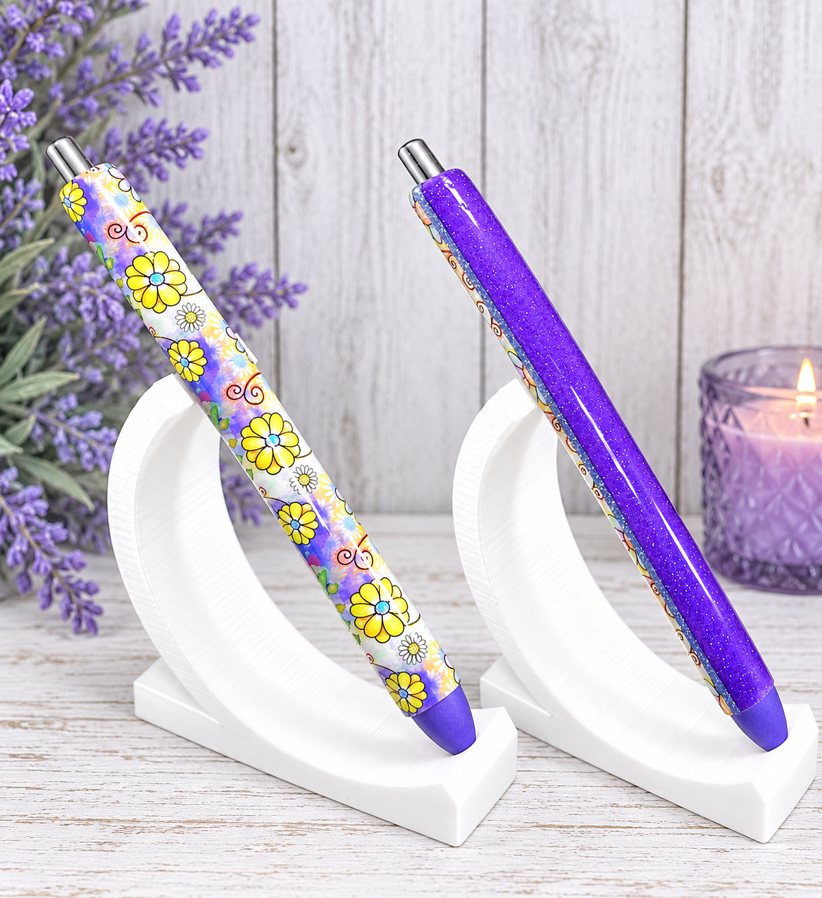 Handmade Retro Flowers on Purple glitter pen with free refill