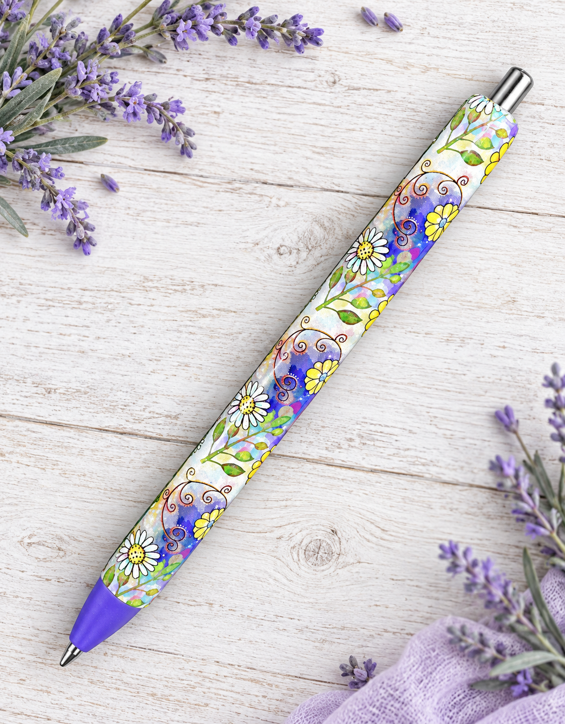 Handmade Retro Flowers on Yellow glitter pen with free refill