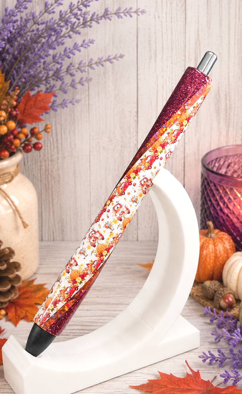 Handmade Pumpkin Patch on cherry red glitter pen with free refill