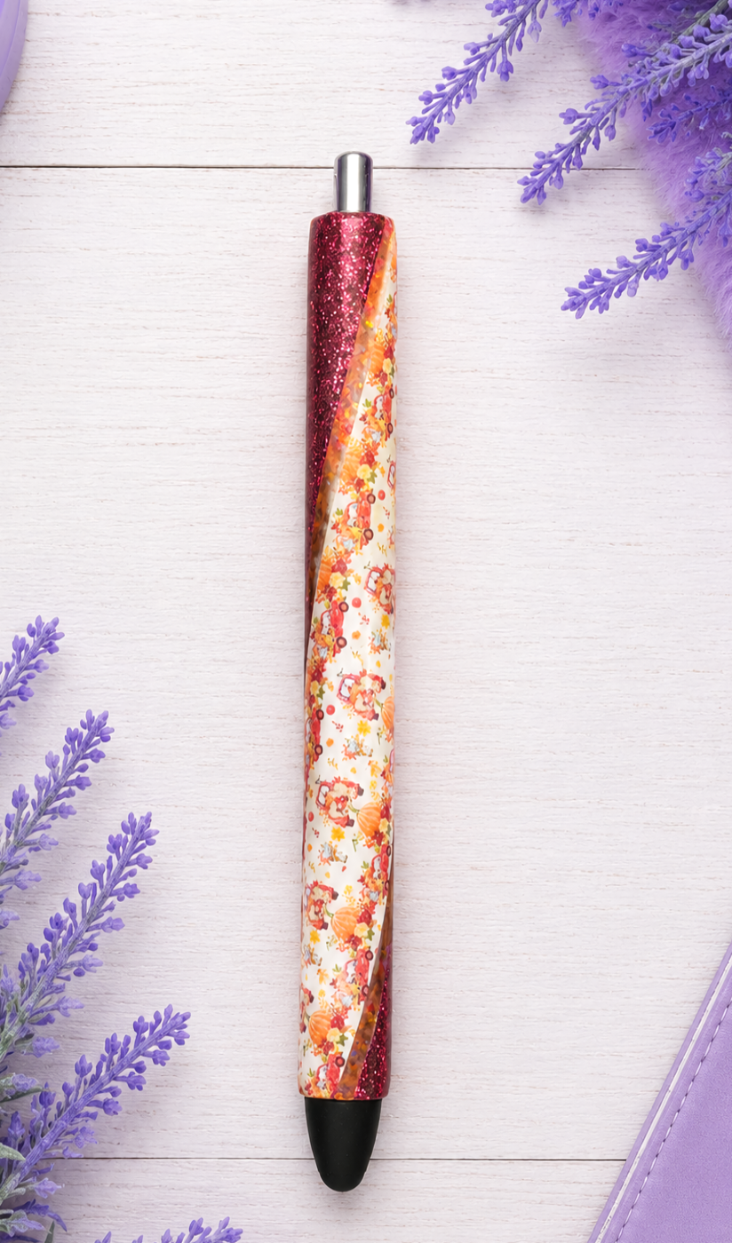 Handmade Pumpkin Patch on cherry red glitter pen with free refill