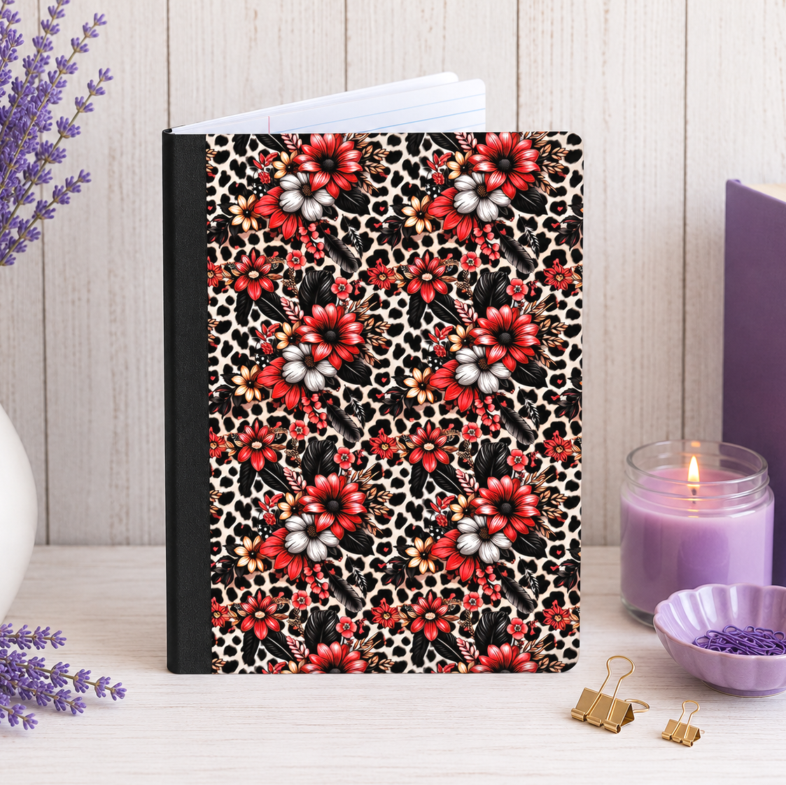 Decorative Vinyl Covered Composition Notebook Red Flowers 2